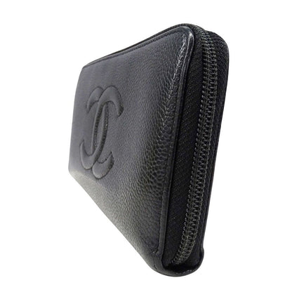 Chanel Wallet Caviar Leather Black Silver Zip Around Logo Adult — view 4