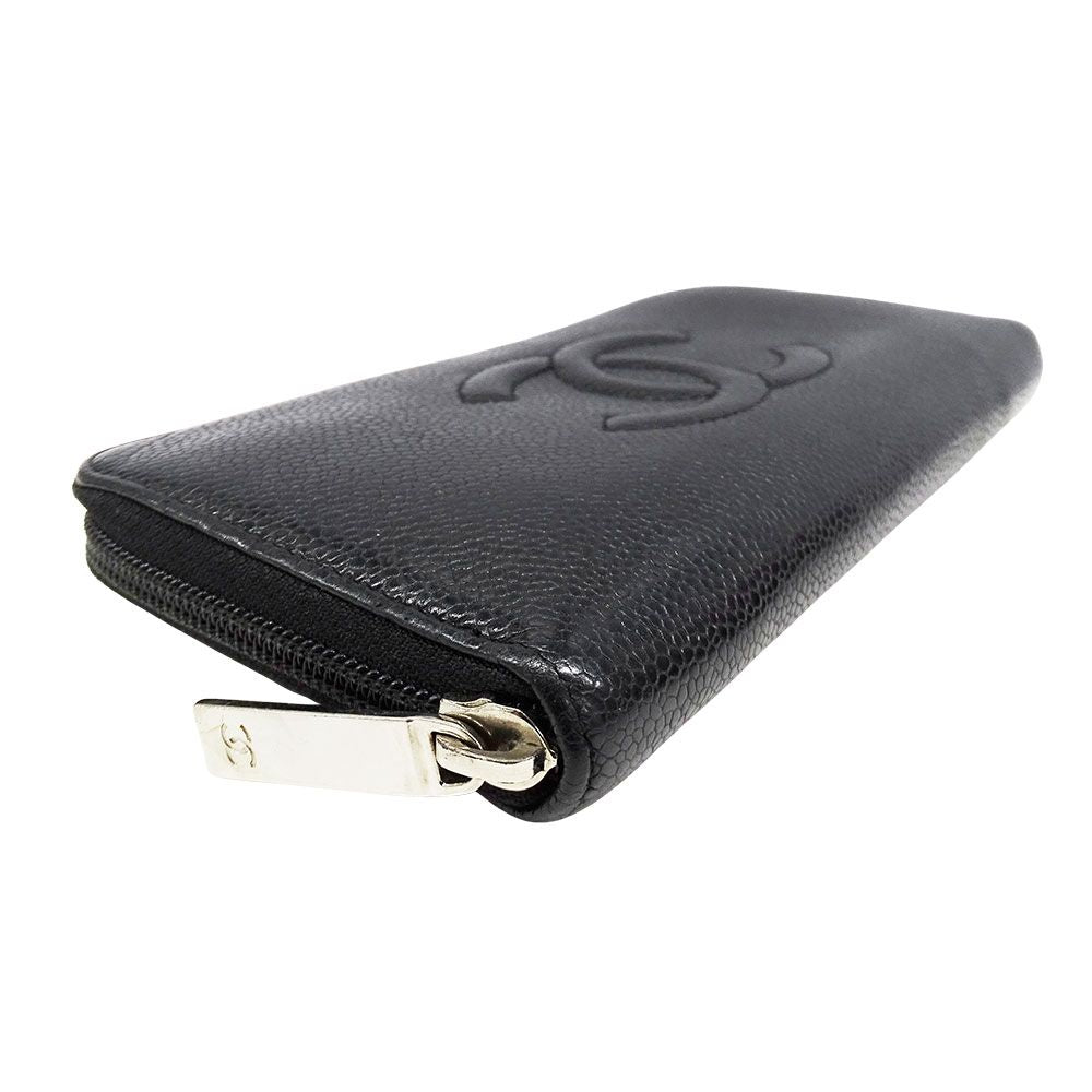 Chanel Wallet Caviar Leather Black Silver Zip Around Logo Adult — view 3