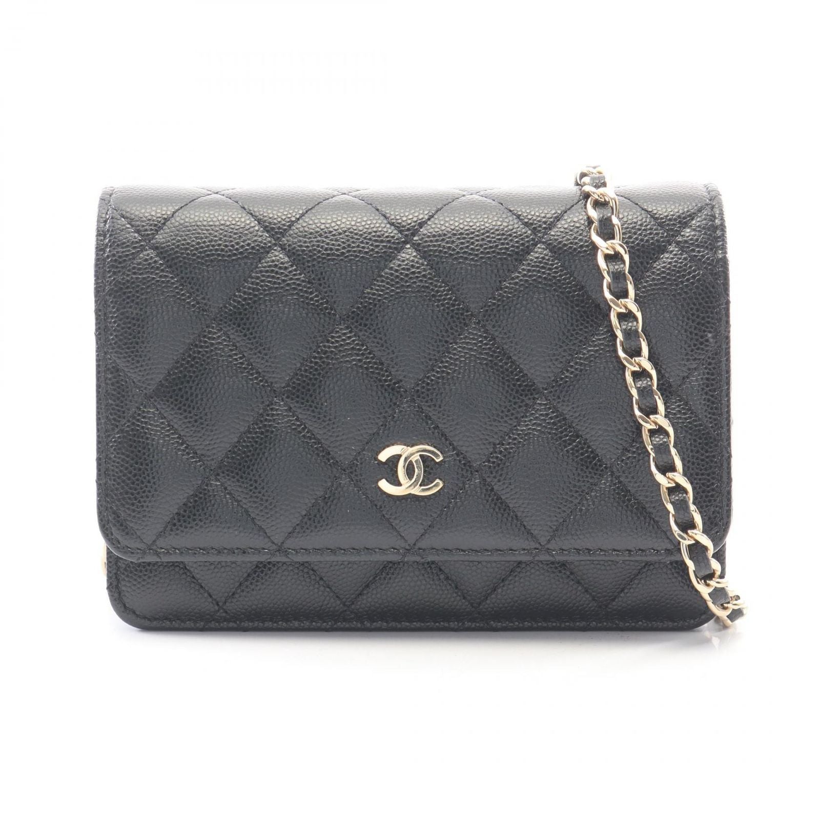 Chanel Shoulder Bag Quilted Mini Black Caviar Leather Chain Wallet