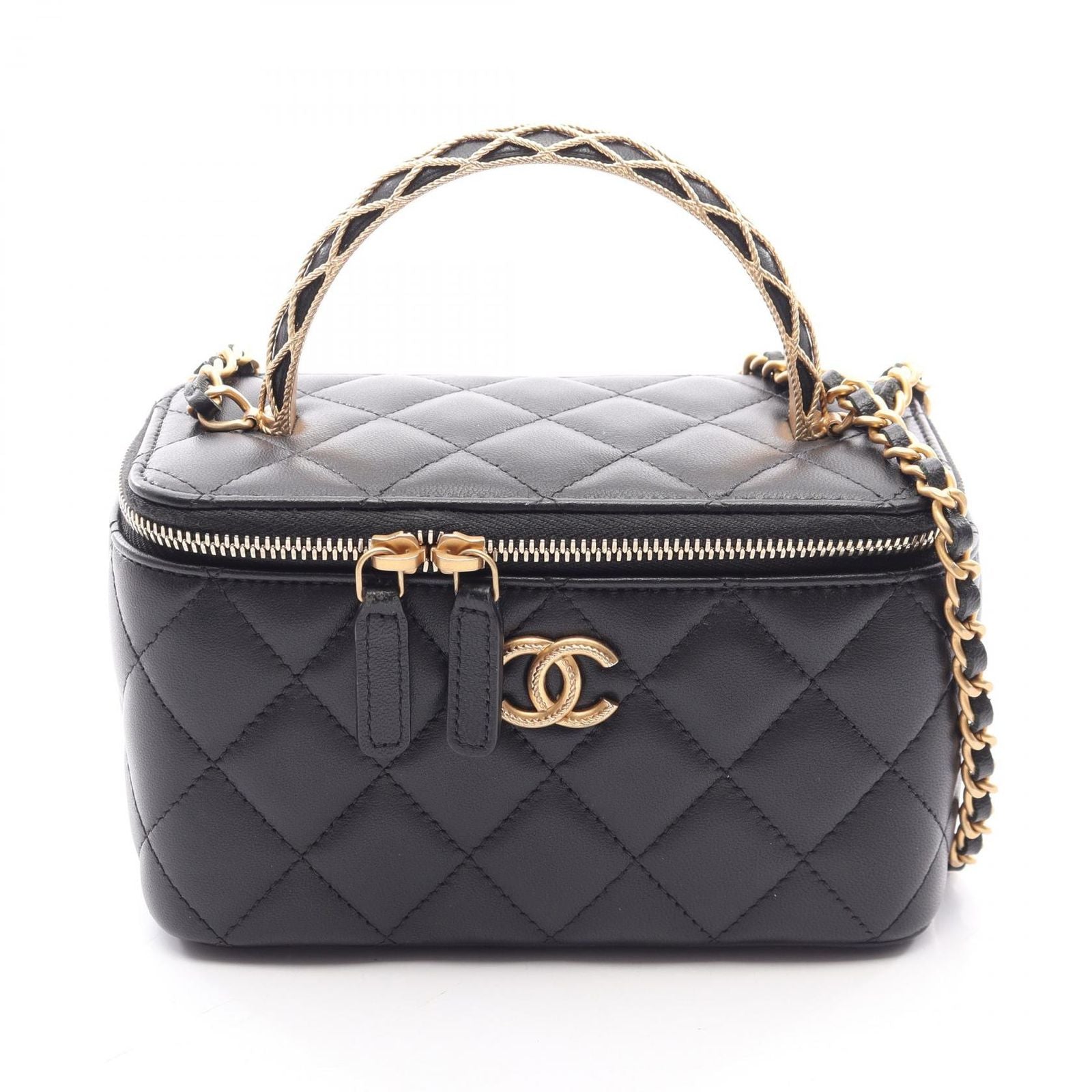Chanel Shoulder Bag Quilted Vanity 2-Way Black Lambskin Che