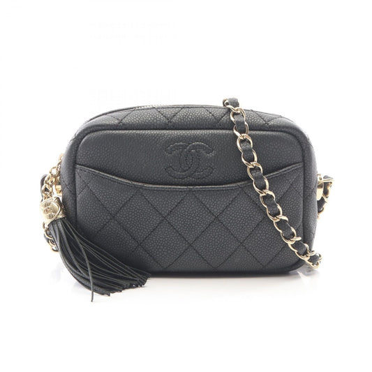 Chanel Shoulder Bag Quilted Charcoal Gray Caviar Leather Fringe Mini Chain