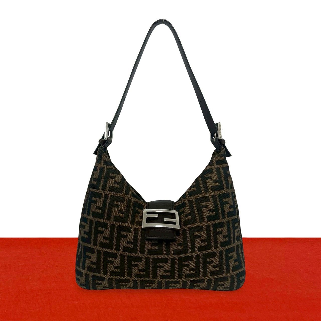 Fendi Vintage Zucca FF Logo Pattern Canvas Leather Shoulder Bag Brown
