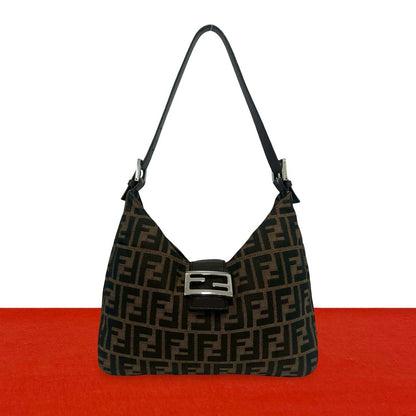 Fendi Vintage Zucca FF Logo Pattern Canvas Leather Shoulder Bag Brown