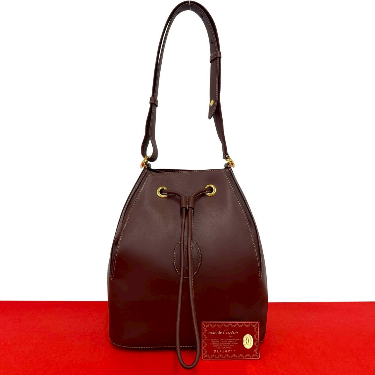 Cartier Vintage Must Line Logo Leather Shoulder Bag Tote Wine