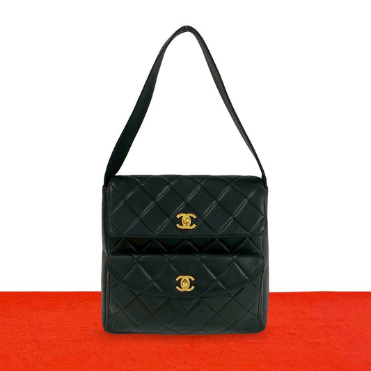 Chanel Vintage Quilted CC Logo Lambskin Leather Shoulder Bag Black