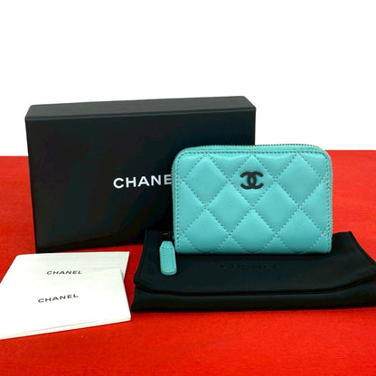 Chanel Quilted CC Logo Lambskin Leather Round Zip Coin Case Light Green