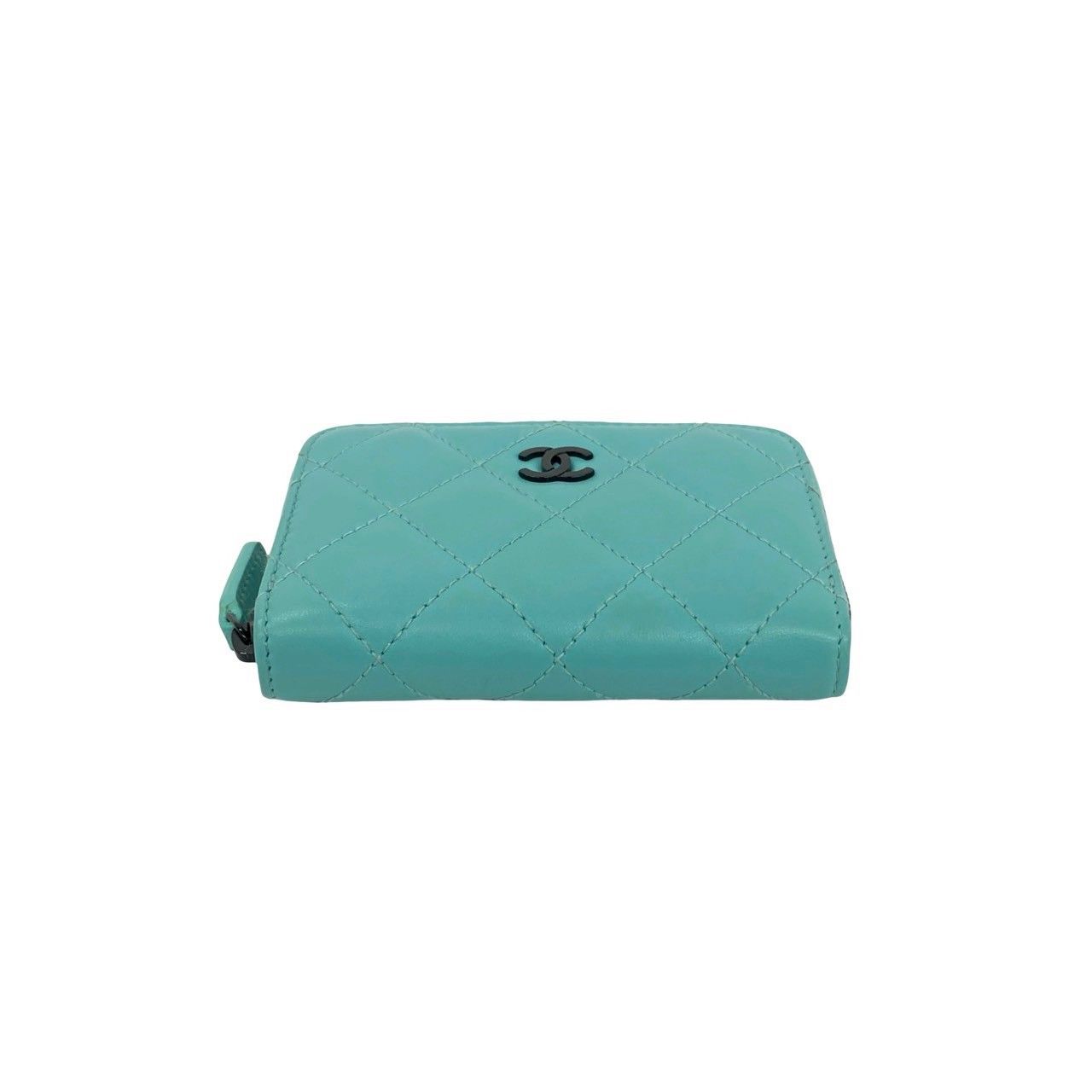 Chanel Quilted CC Logo Lambskin Leather Round Zip Coin Case Light Green — view 6