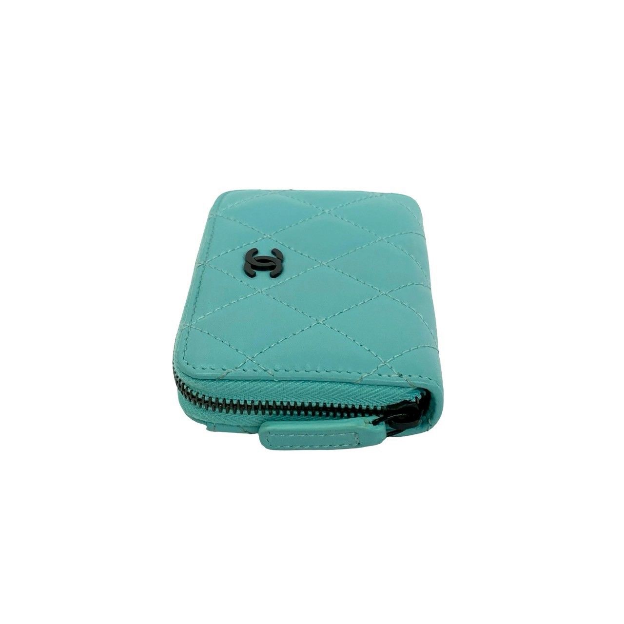 Chanel Quilted CC Logo Lambskin Leather Round Zip Coin Case Light Green — view 4