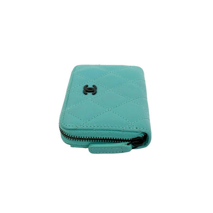 Chanel Quilted CC Logo Lambskin Leather Round Zip Coin Case Light Green — view 4