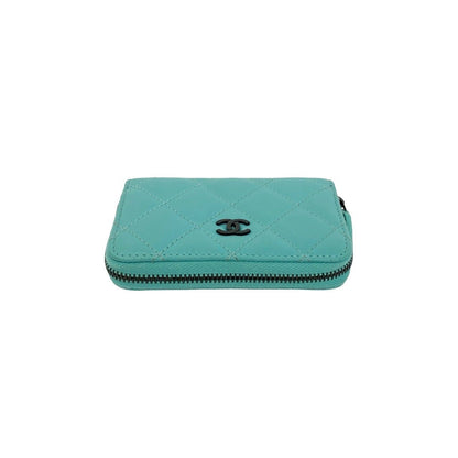 Chanel Quilted CC Logo Lambskin Leather Round Zip Coin Case Light Green — view 3