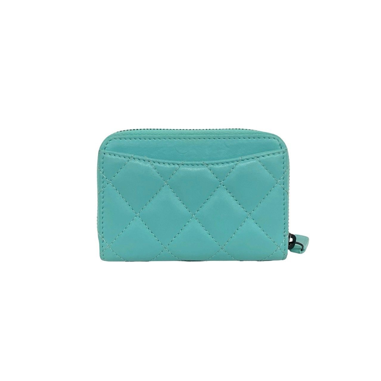 Chanel Quilted CC Logo Lambskin Leather Round Zip Coin Case Light Green — view 2
