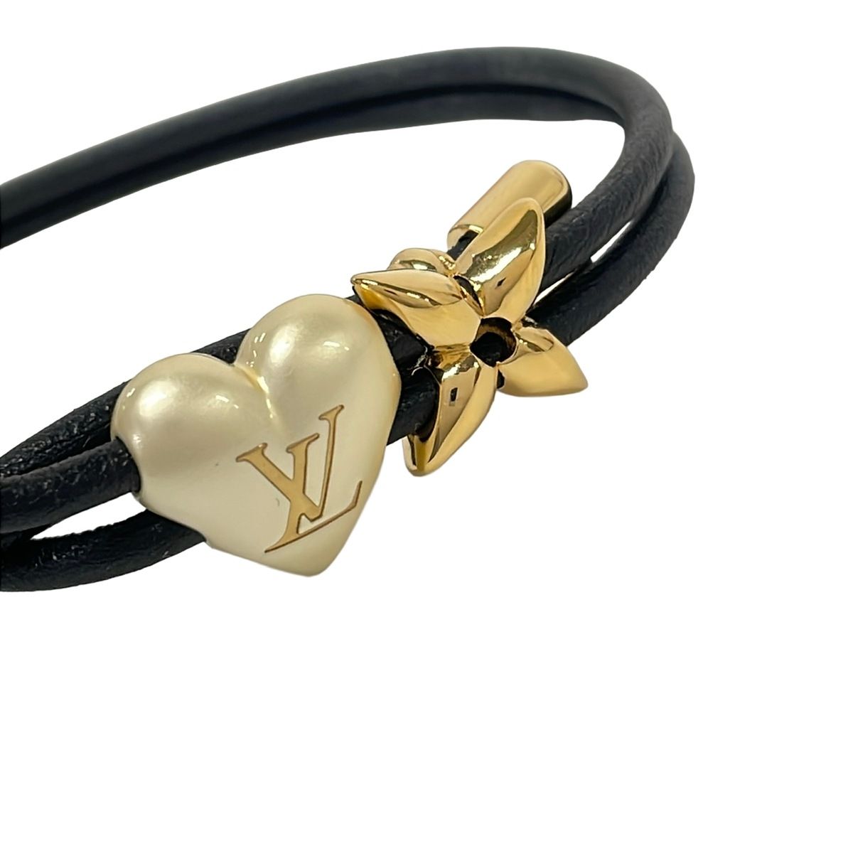 Louis Vuitton Bracelet Blue Pearl Heart Leather Black White Gold — view 2