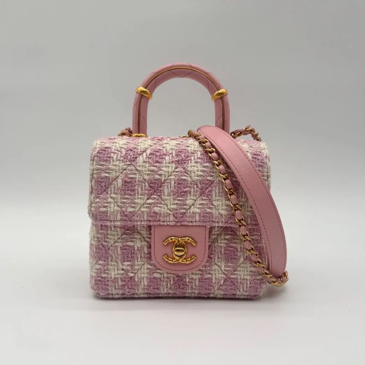 Chanel Shoulder Bag Top Handle Quilted Mini Flap Tweed Pink Chain CC Logo