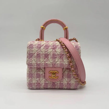 Chanel Shoulder Bag Top Handle Quilted Mini Flap Tweed Pink Chain CC Logo