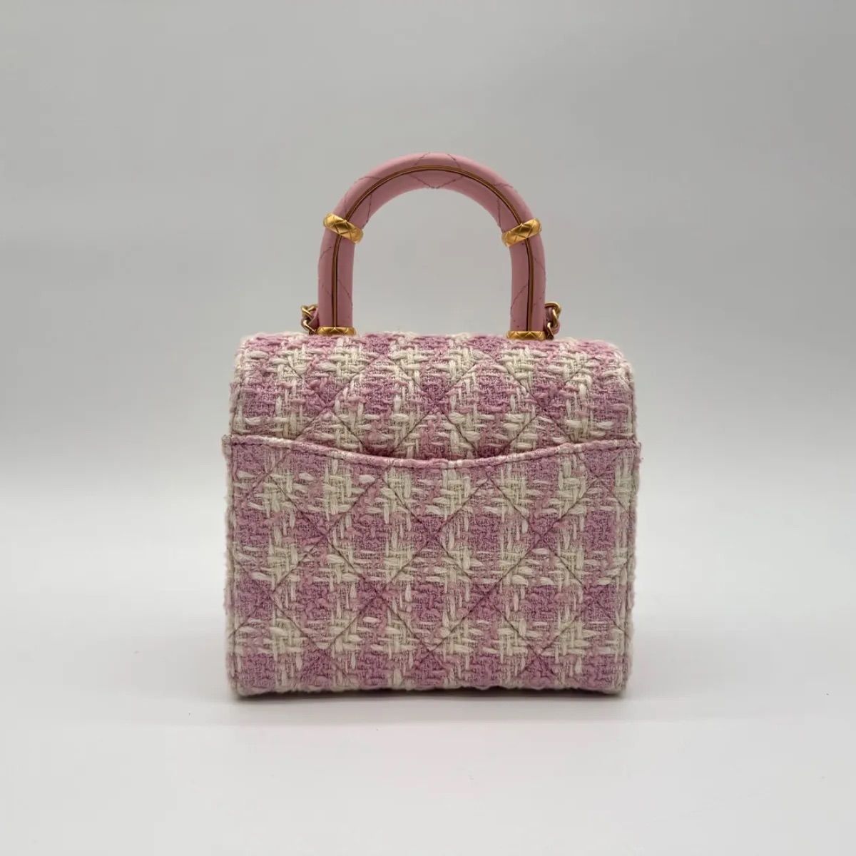 Chanel Shoulder Bag Top Handle Quilted Mini Flap Tweed Pink Chain CC Logo — view 2
