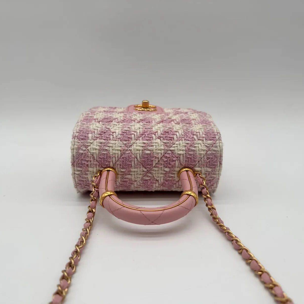 Chanel Shoulder Bag Top Handle Quilted Mini Flap Tweed Pink Chain CC Logo — view 5