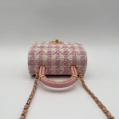 Chanel Shoulder Bag Top Handle Quilted Mini Flap Tweed Pink Chain CC Logo — view 5