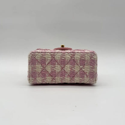 Chanel Shoulder Bag Top Handle Quilted Mini Flap Tweed Pink Chain CC Logo — view 6