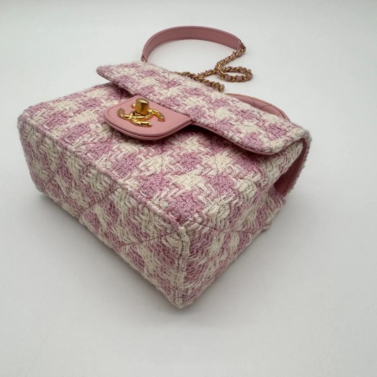 Chanel Shoulder Bag Top Handle Quilted Mini Flap Tweed Pink Chain CC Logo — view 8