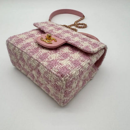 Chanel Shoulder Bag Top Handle Quilted Mini Flap Tweed Pink Chain CC Logo — view 8