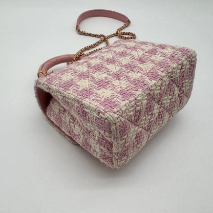Chanel Shoulder Bag Top Handle Quilted Mini Flap Tweed Pink Chain CC Logo — view 9