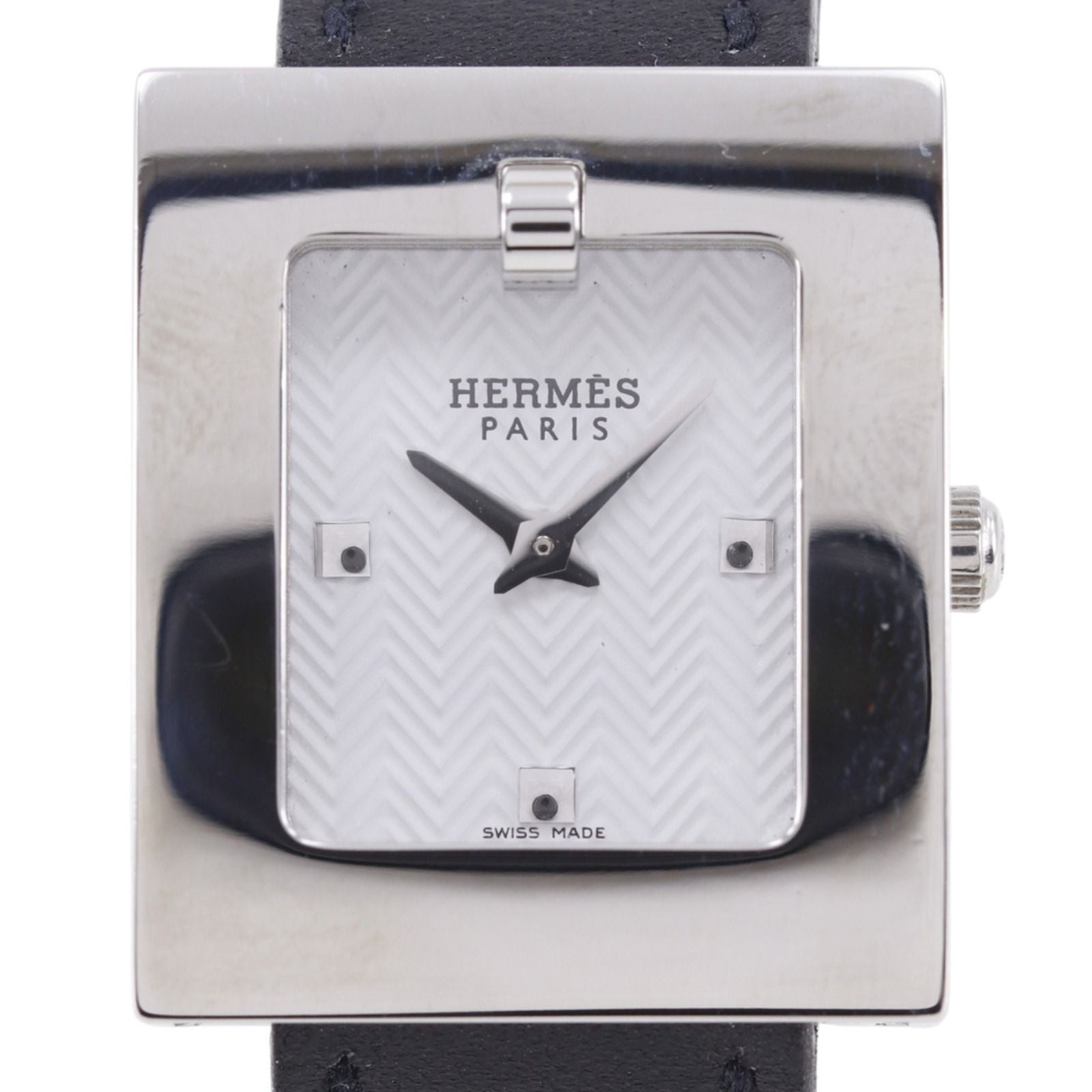 Hermes Watch Stainless Steel Leather Quartz Analog Display White Dial