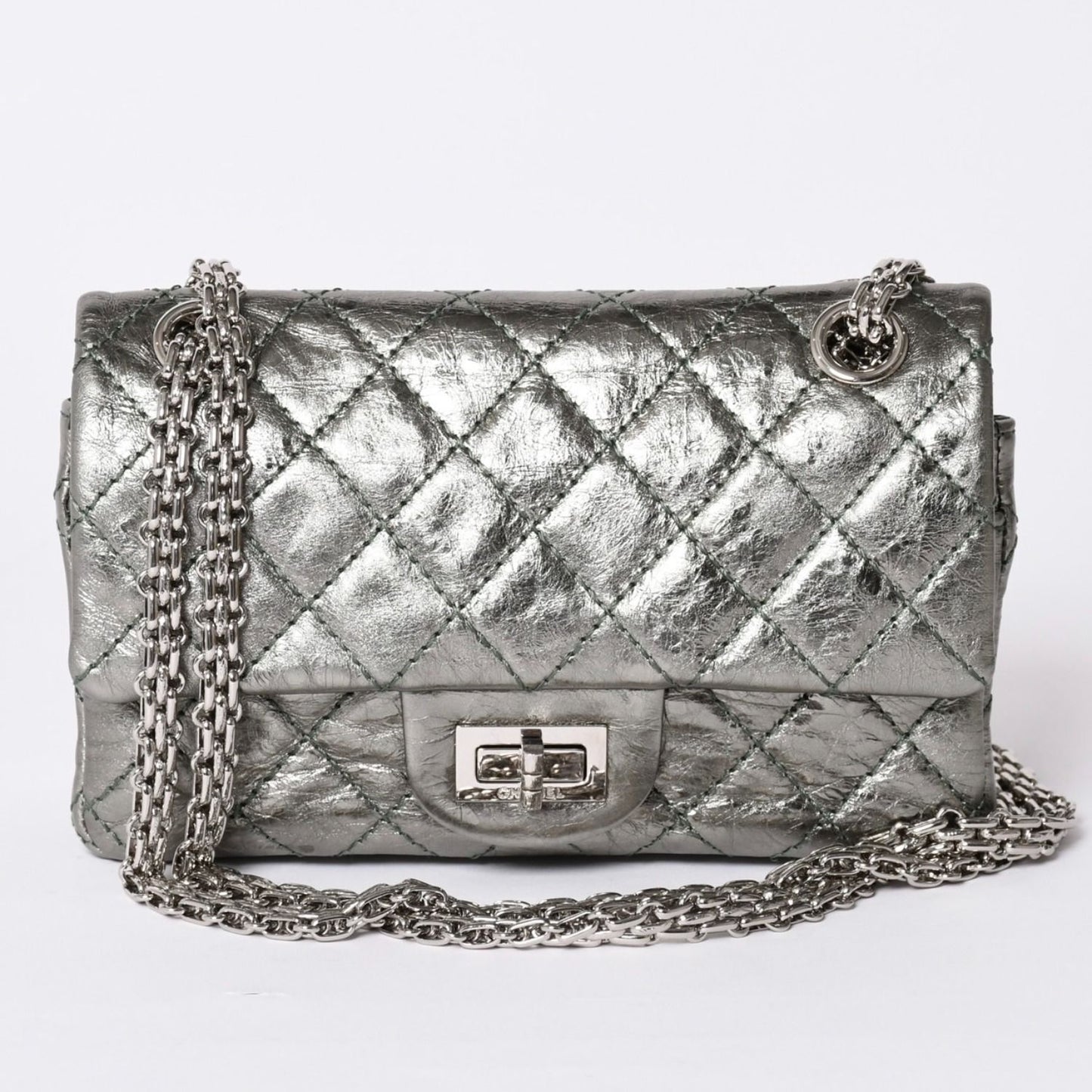 Chanel 2.55 Double Flap Chain Shoulder Bag Vintage Calfskin Metallic Green