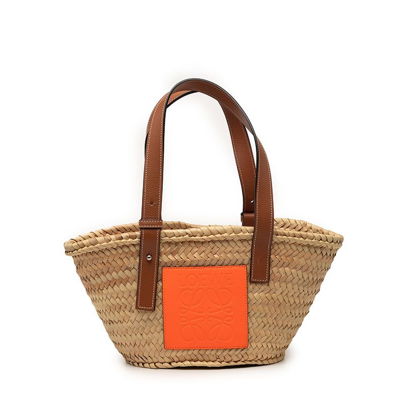 Loewe Anagram Basket Bag Small Palm Leaf Handbag Braided Orange Beige Raffia