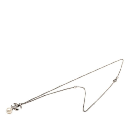 Chanel CC Logo Necklace Silver Metal Faux Pearl — view 3