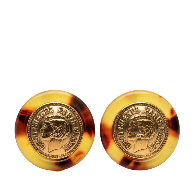 Chanel Mademoiselle Vintage Earrings Gold Brown Plastic Plated