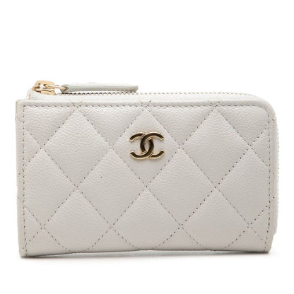 Chanel CC Logo Quilted Card Case Coin Gray Caviar Leather