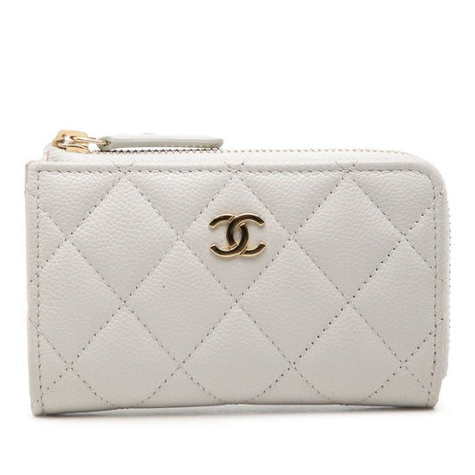 Chanel CC Logo Quilted Card Case Coin Gray Caviar Leather