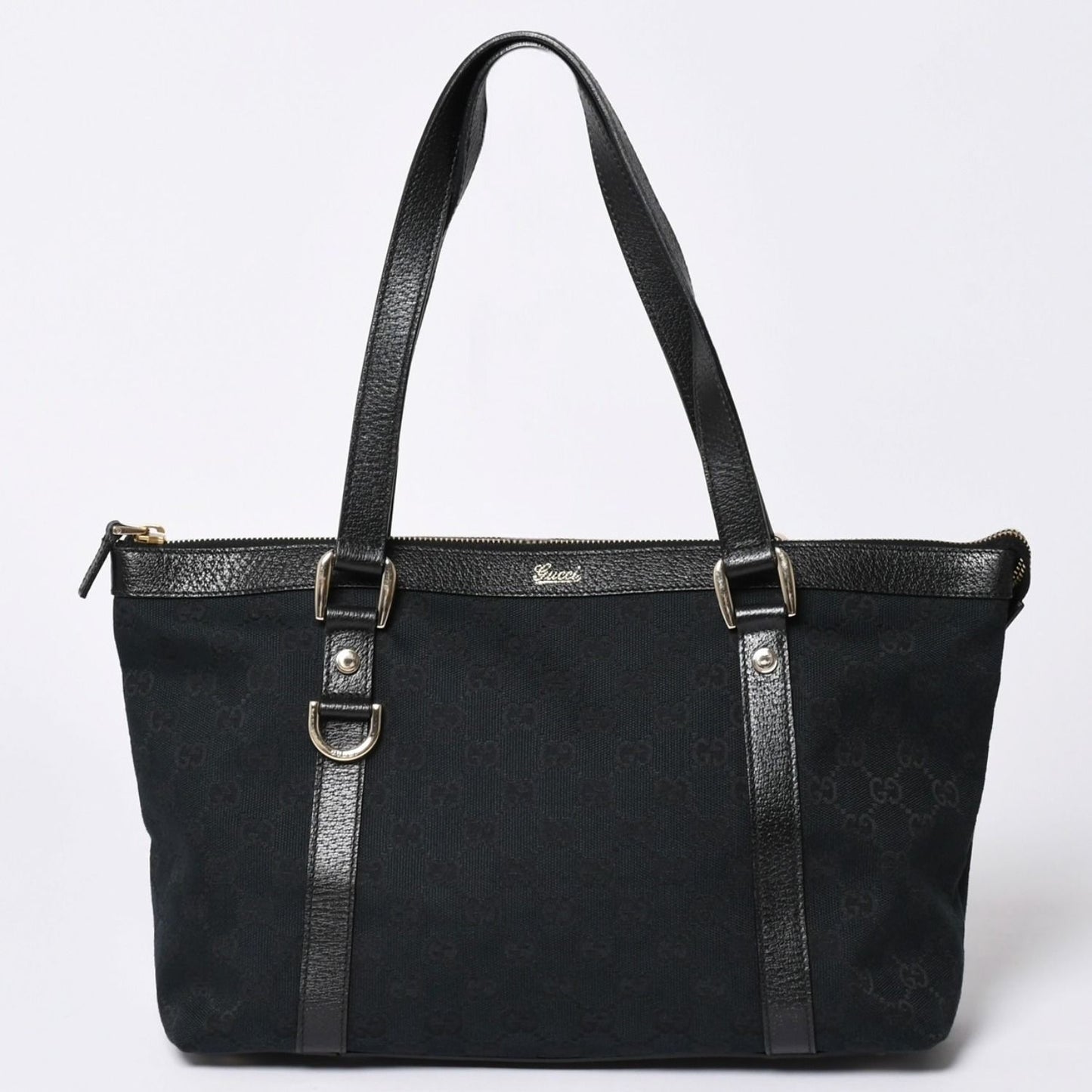 Gucci Abbey Line GG Canvas Tote Black Handbag D Ring Leather Gold