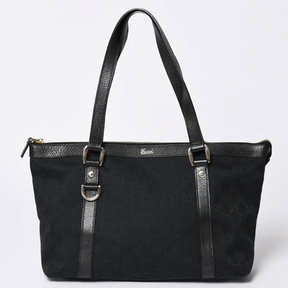 Gucci Abbey Line GG Canvas Tote Black Handbag D Ring Leather Gold
