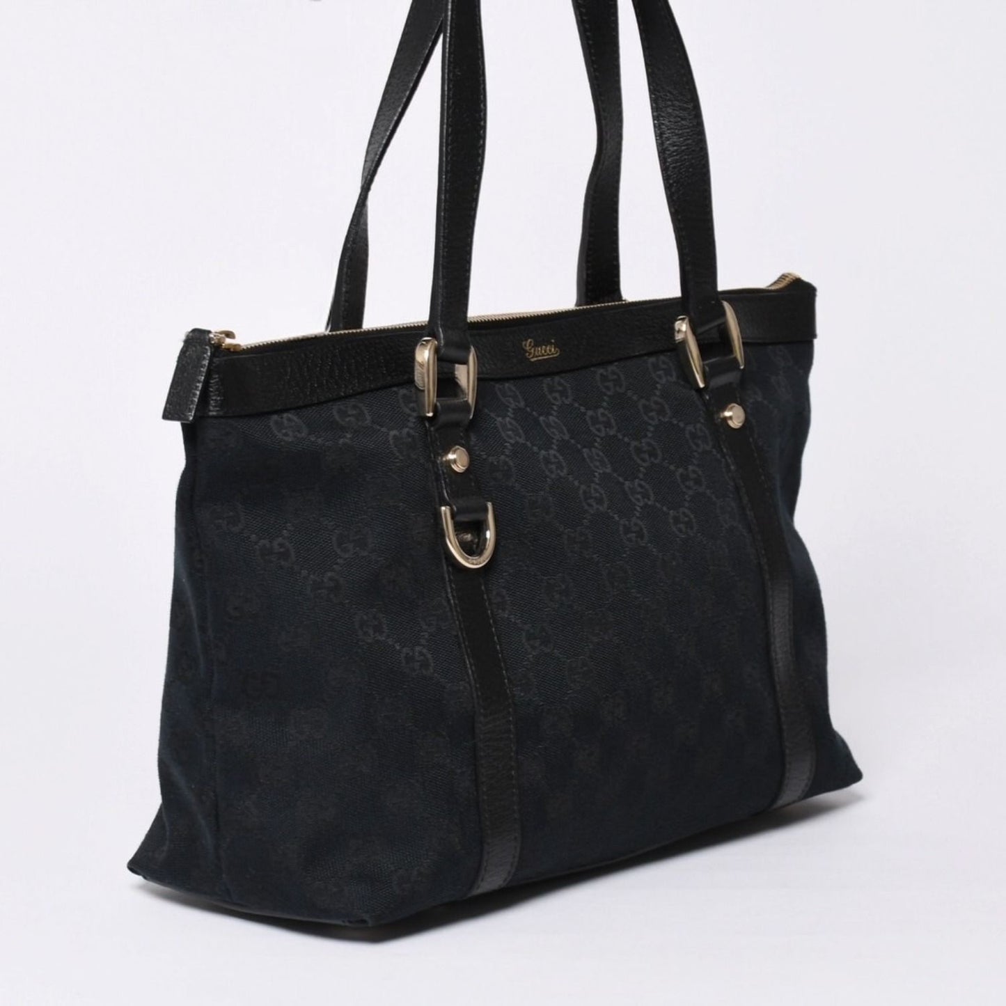 Gucci Abbey Line GG Canvas Tote Black Handbag D Ring Leather Gold — view 3