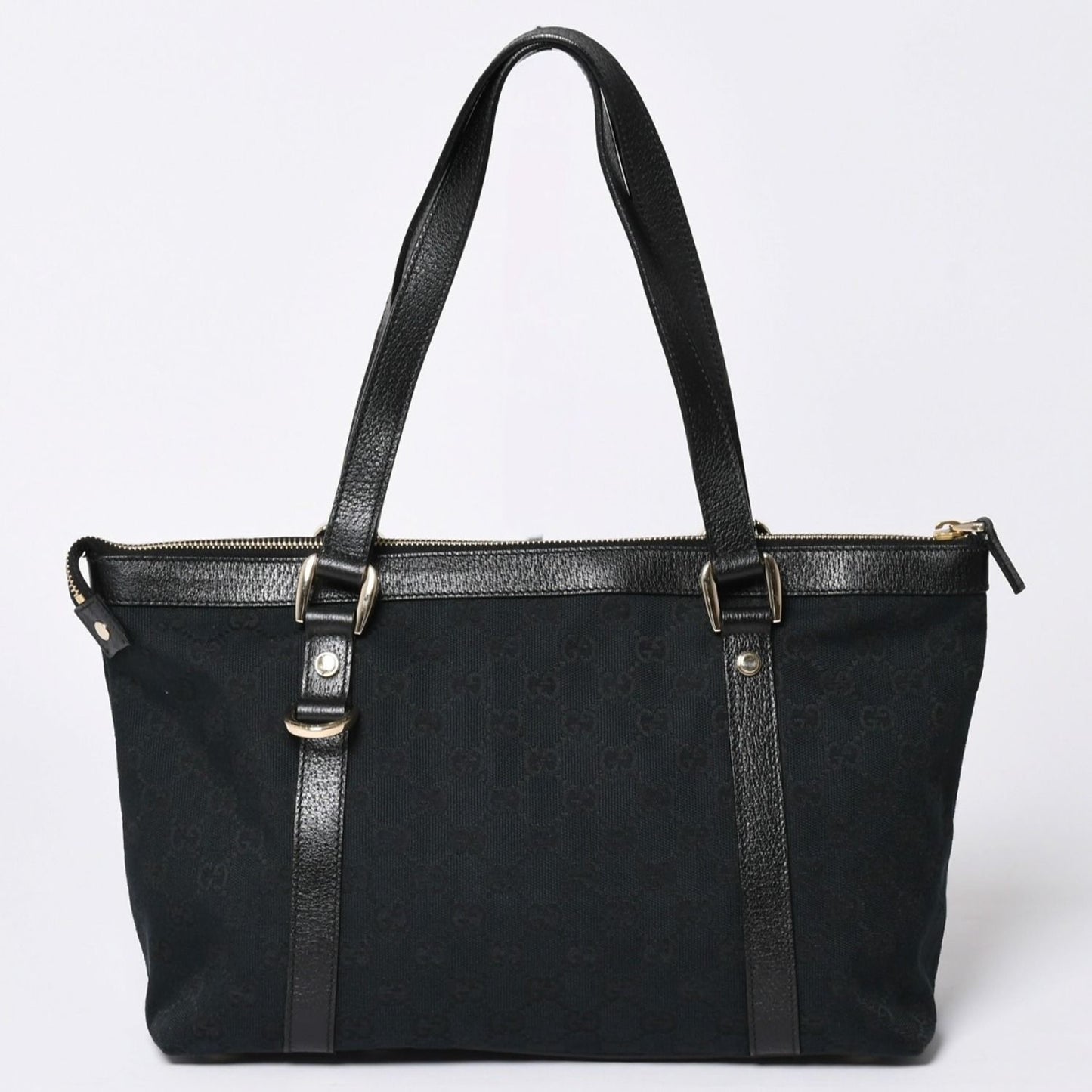 Gucci Abbey Line GG Canvas Tote Black Handbag D Ring Leather Gold — view 2