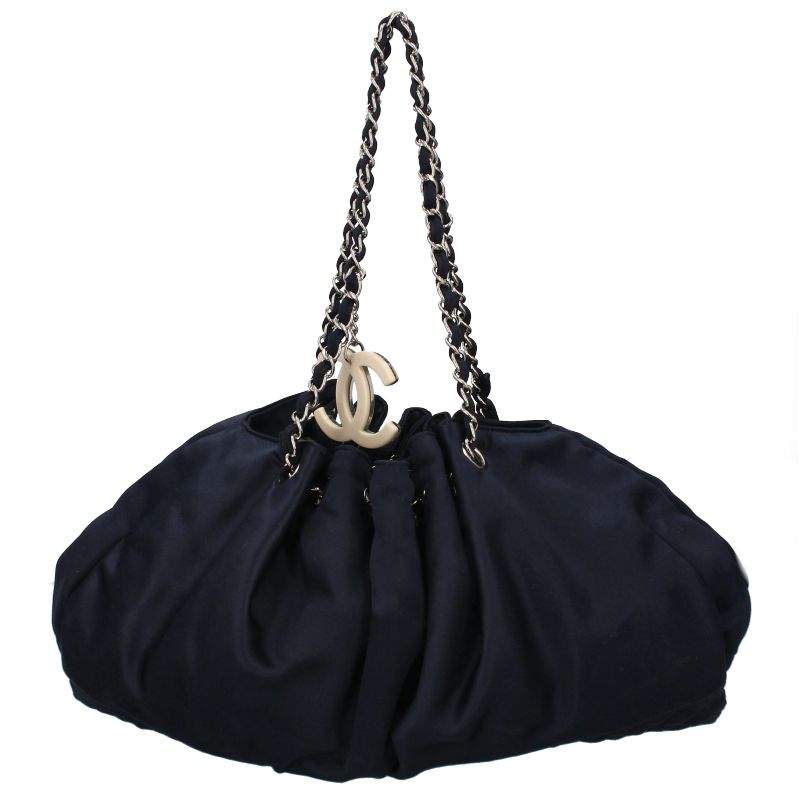 Chanel Melrose Cabas Chain Shoulder Silk Satin Bag Navy — view 3