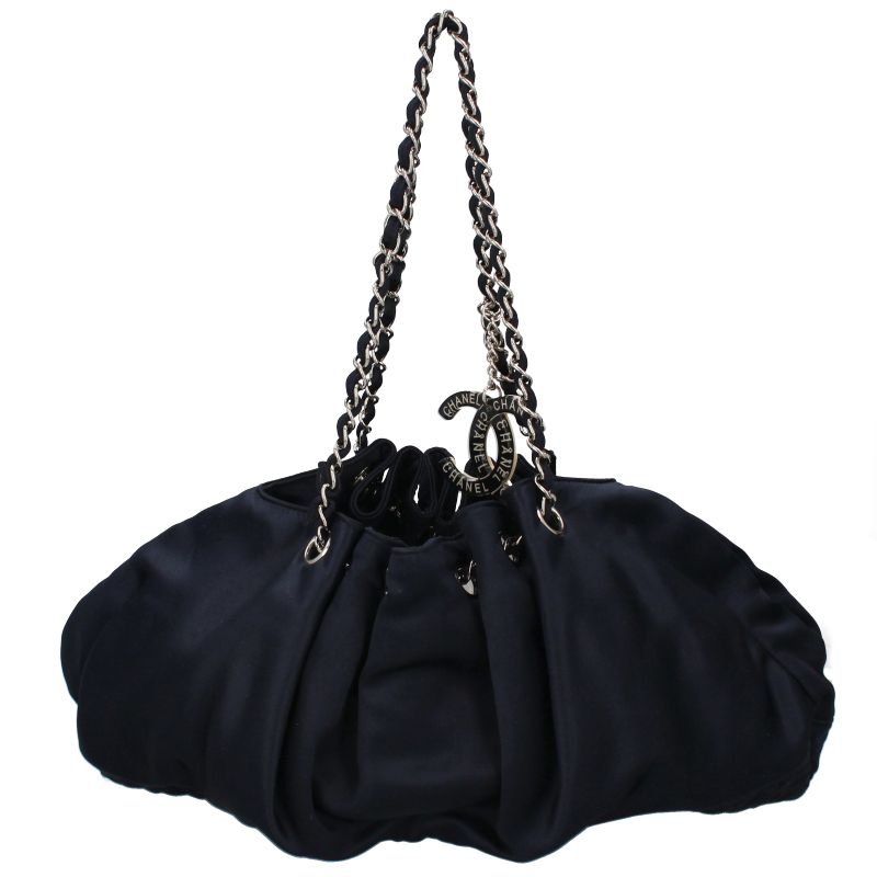 Chanel Melrose Cabas Chain Shoulder Silk Satin Bag Navy
