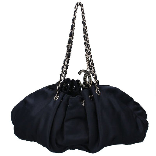 Chanel Melrose Cabas Chain Shoulder Silk Satin Bag Navy