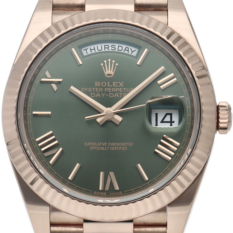 Rolex Day Date 40 Watch Olive Green Box 18k Pink Gold Polished