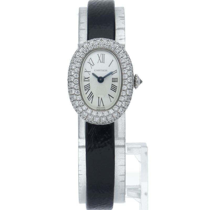 Cartier Venuere Mini Watch Diamond Bezel Box 18k White Gold Leather Silver — view 2