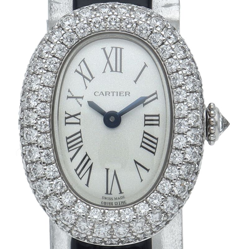 Cartier Venuere Mini Watch Diamond Bezel Box 18k White Gold Leather Silver
