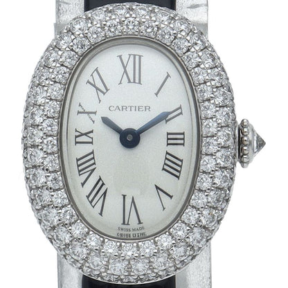 Cartier Venuere Mini Watch Diamond Bezel Box 18k White Gold Leather Silver
