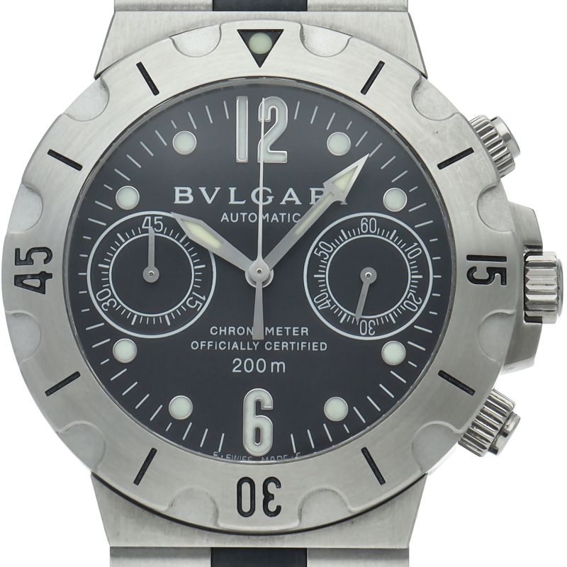 Bvlgari Diagono Scuba Chronograph SS Rubber Watch Black Polished