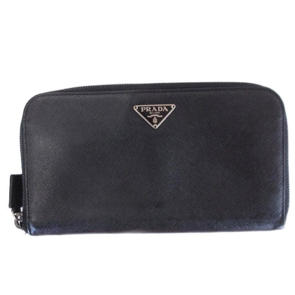 Prada Saffiano Zip Around Wallet Triangular Plate Black