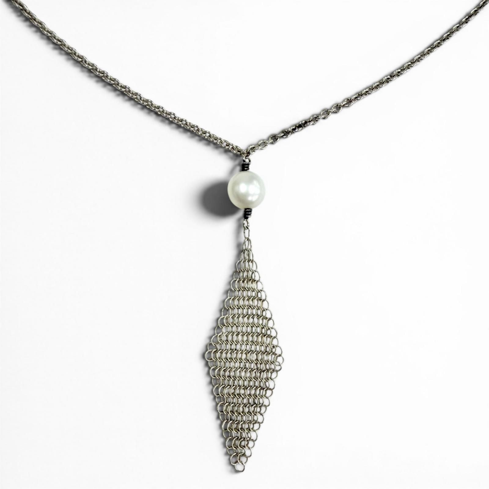 Tiffany & Co Fresh Water Pearl Mesh Tassel Pendant Necklace Silver