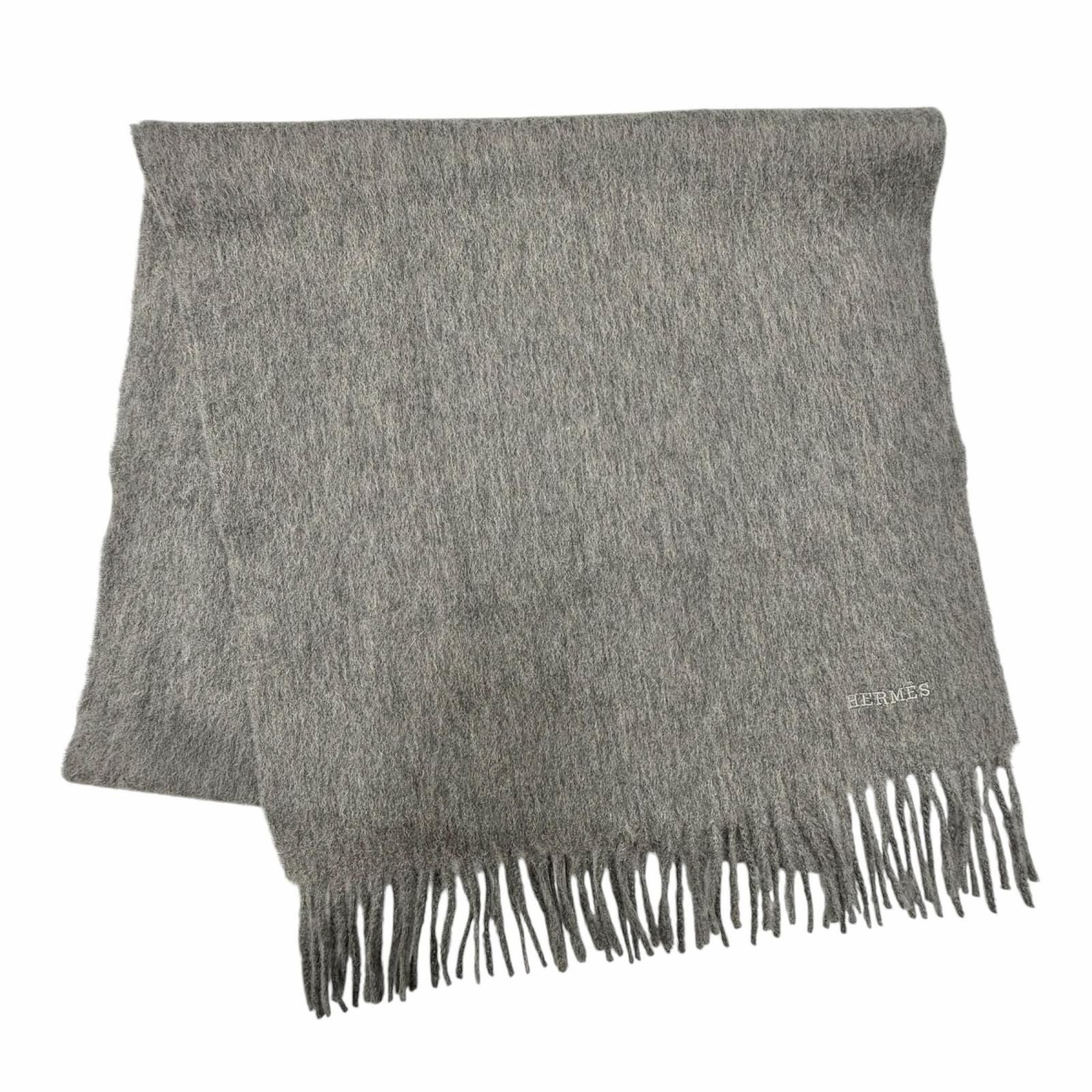 Hermes Rectoverso Cashmere 100% Logo Embroidery with Fringe Scarf Shawl Gray — view 4
