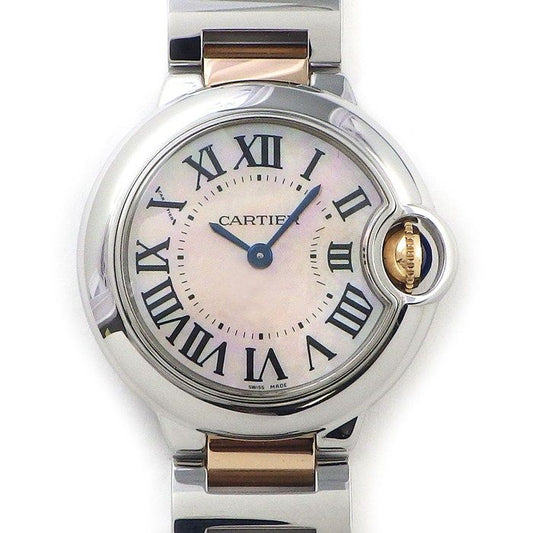 Cartier Watch Baron Blue SM Pink Shell Dial Roman Index 18k Gold SS Quartz