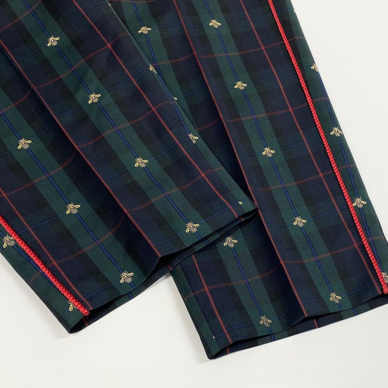 Gucci Side Line Check Pants Bee Embroidery Tartan 52 Green Wool — view 6