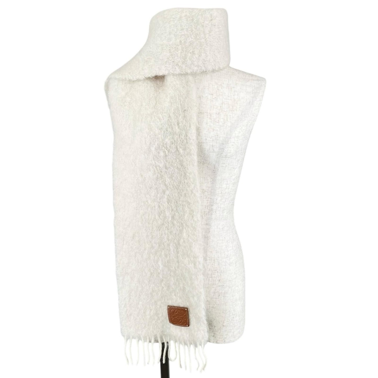 Loewe Mohair Wool Anag Lambskin Patch with Fringe Scarf White — view 2